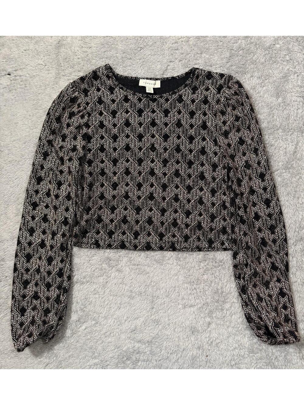 Topshop  Metallic Zigzag Cropped Blouse  Long Sleeve Sparkly Black Silver Size 8